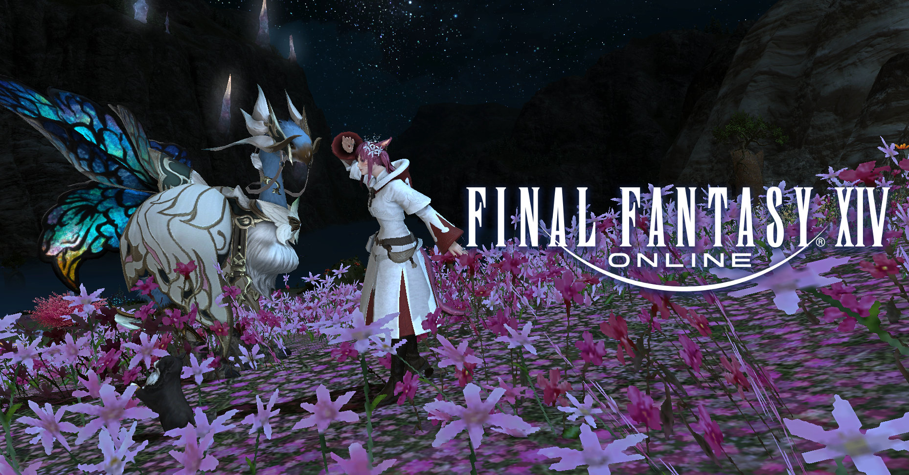 A screenshot of Zel in Il Mheg at night, surrounded by pink flowers, looking out in the distance. Cecily and the chewy minion, named Dagger, are with her. The Final Fantasy 14 Logo is on the righthand side
