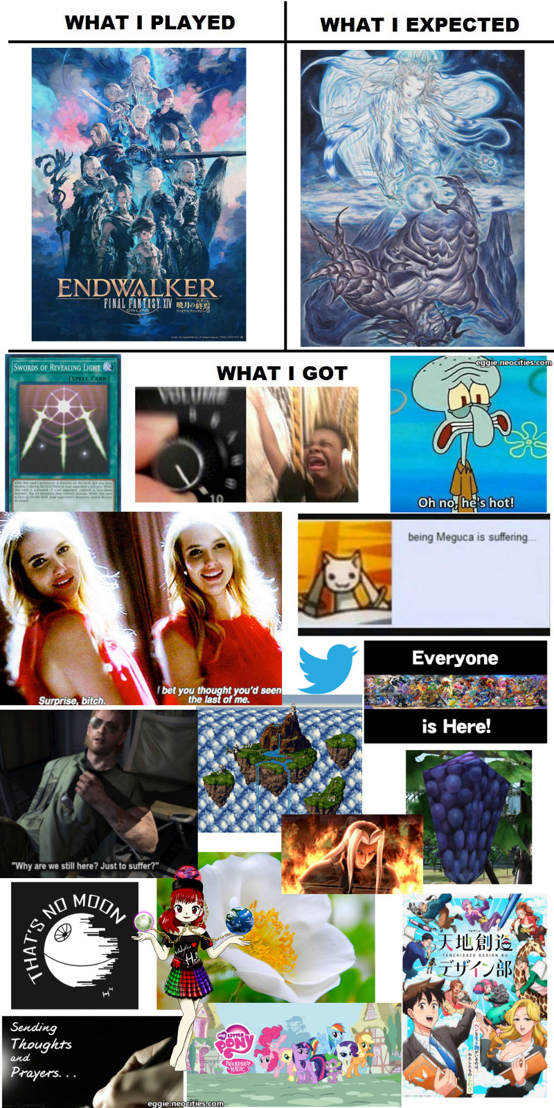 The What I played, What I expected, what I got meme, in relation to endwalker. What I played: Endwalker poster. What I expected: Zodiark and Hydaelyn holding the world artwork. The items included in What I Got will be listed below.