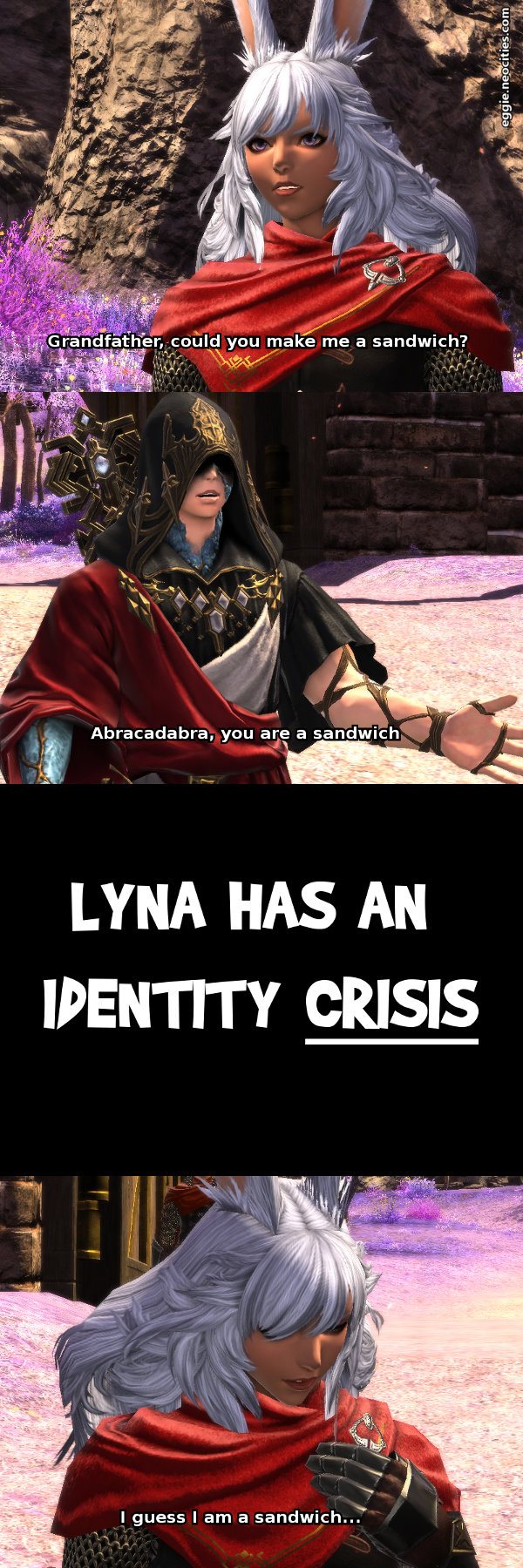 A comic with four panels. There is dialogue between the Crystal Exarch and Lyna. Lyna: Grandfather, could you make me a sandwich? Exarch: Abracadabra, you are a sandwich. Text: Lyna has an identity crisis. Lyna: I guess I am a sandwich...