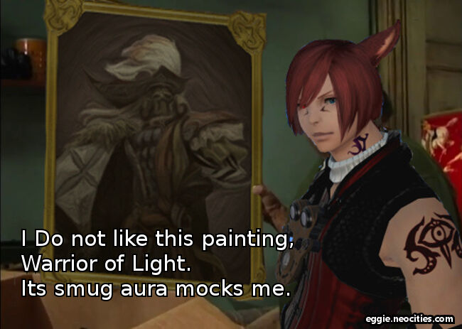 An edit of a scene from It's Always Sunny in Phillidelphia. G'raha Tia is edited in holding the painting, and the Painting is the one of Amon from his raid arena. The text on the bottom reads: I do not like this painting, Warrior of Light, it s smug aura mocks me.