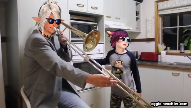 A still of the When Mom Isn't Home meme, but with the trumpet dad's head edited to be Amon, and the oven kid's head edited to be Zel. Both are wearing the Eternal Summer sunglasses.