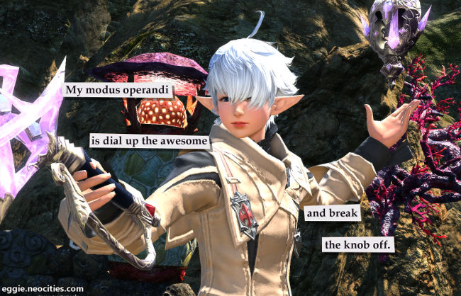 Image of Alisaie brandishing her rapier. Text over the image reads: My Modus Operandi is to dial up the awesome and break off the knob.