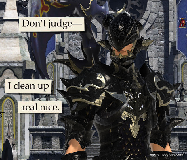 Image of Estinien in his dragoon armor. Text over the image reads: Don't Judge -- I clean up real nice.