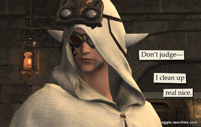 Image of Urianger with his ugly ass robes. Text over the image reads: Don't Judge -- I clean up real nice.