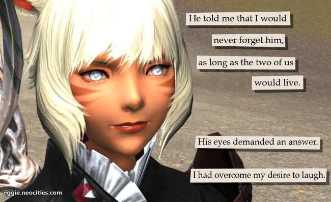 Image of Y'shtola. Text over the image reads: He told me that I would never forget him, as long as the two of us would live. His eyes demanded an answer. I had to overcome my desire to laugh.