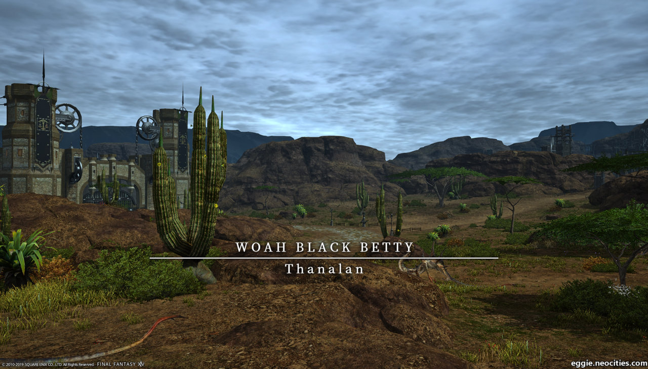 A shot of west Thanalan, near Horizon. The text overlaid says woah black betty thanalan