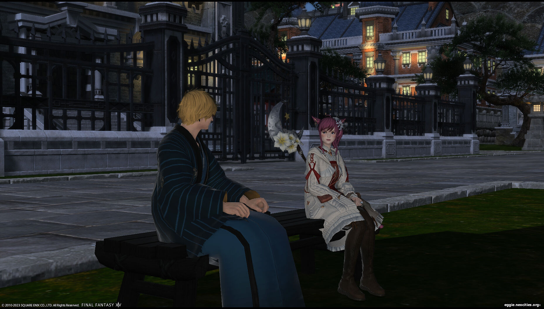 Screenshot of Zel sitting with Hancock on a bench in front of the Thavnairian Consulate