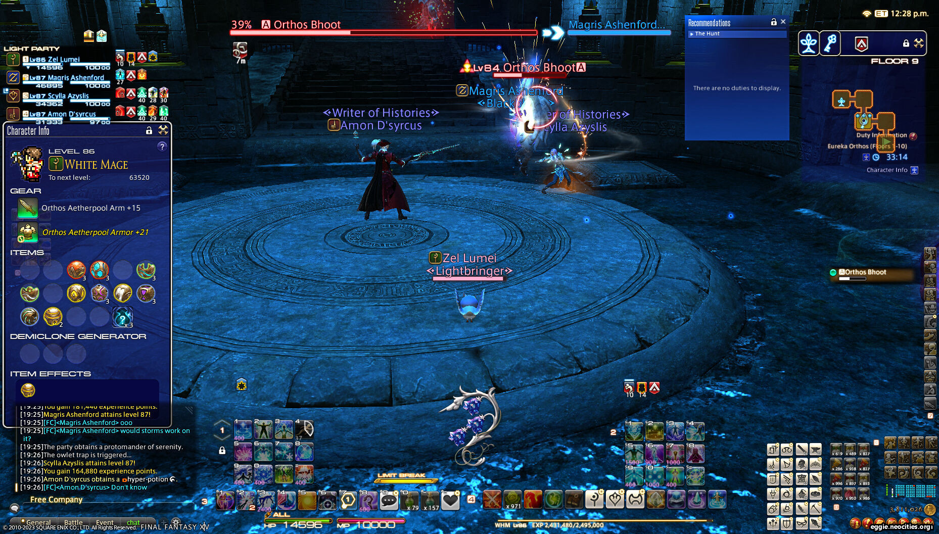 Gameplay inside Eureka Orthos, floor 9. The party is fighting an Orthos Bhoot while Zel is transformed into an owl by a trap.