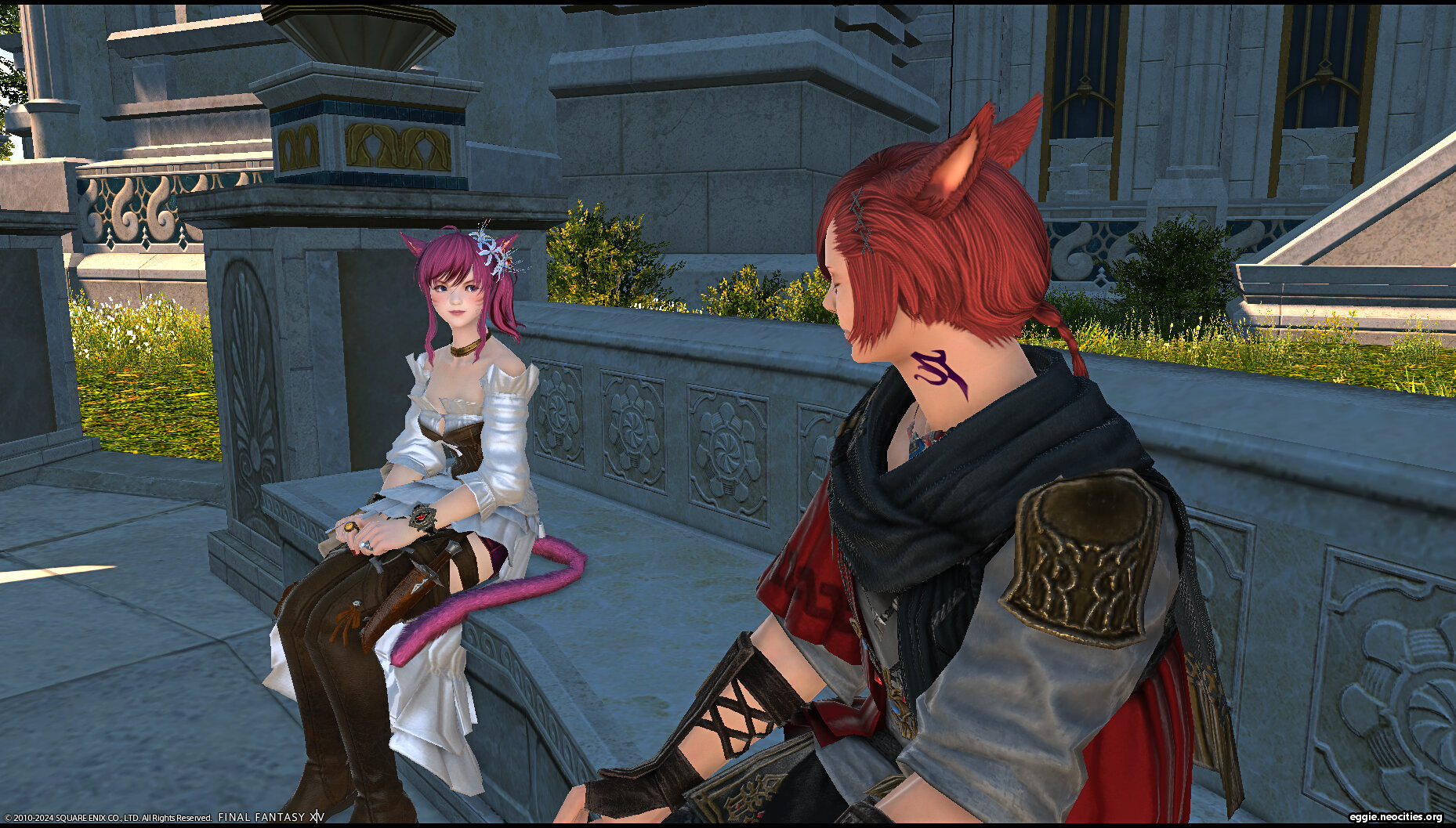 A cutscene screenshot of Zel and G'raha sitting down. Zel is smiling at G'raha.