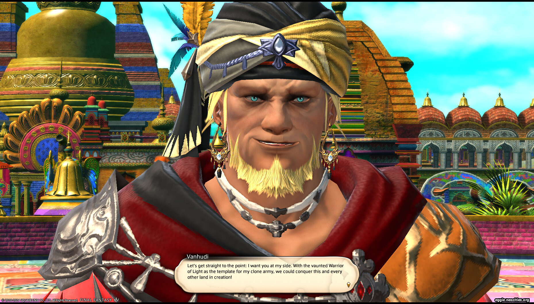 A screenshot of Vanhudi from the Hildibrand quests. His dialogue reads: Let's get straight to the point: I want you at my side. With the vaunted Warrior of Light as the template for my clone army, we could conquer this and every other land in creation!