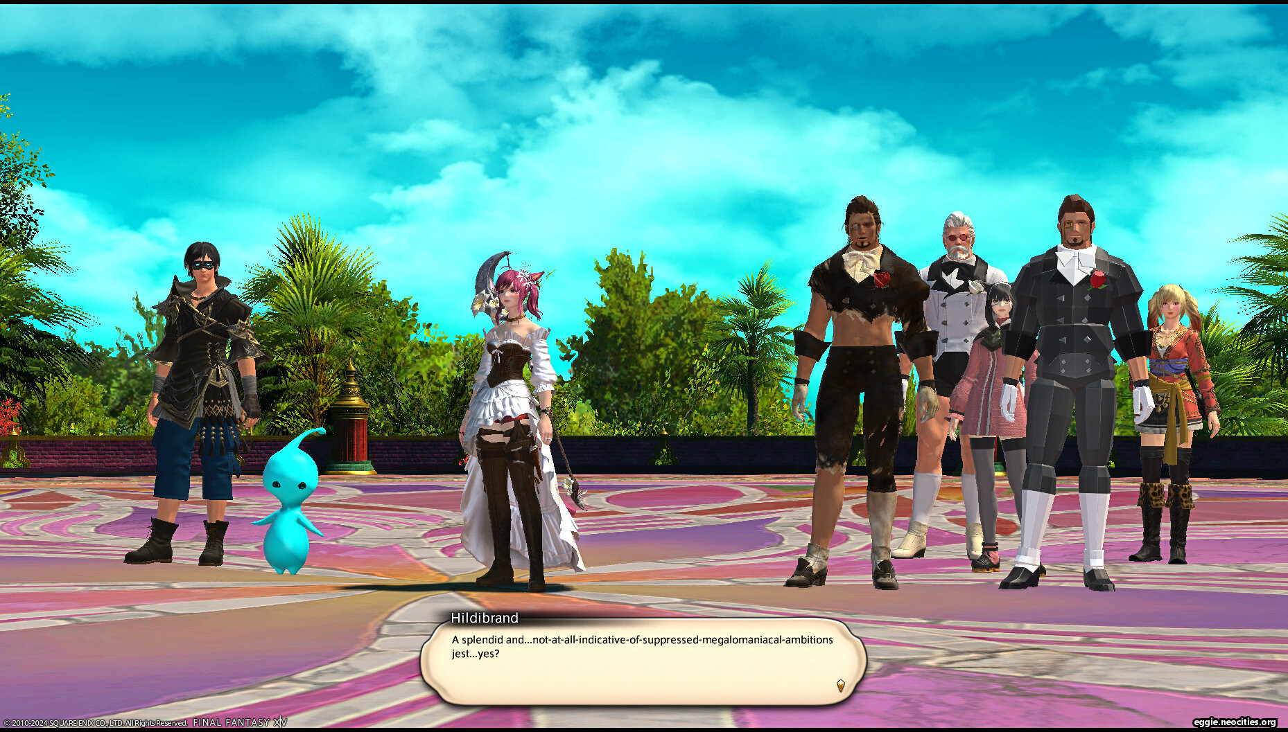 A screenshot featuring, from left to right, Delion, Pupu, Zel, Hildibrand, Godbert, Nashu, Brandihild, and Julyan. Hildibrand's dialogue box reads: A splendid and...not at all indicative of suppressed megalomaniacal ambitions just...yes?