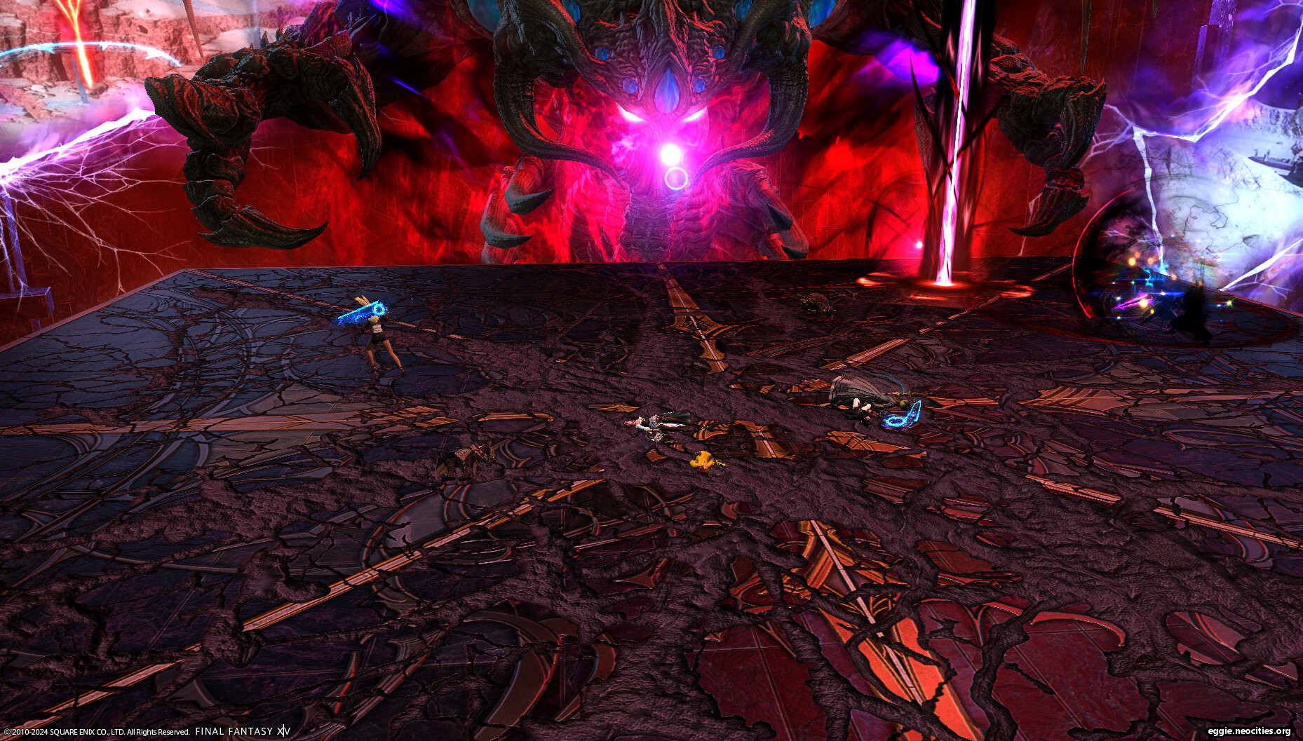 A screenshot from the Abyssal Fracture right after the phase change. The whole party is dead on the floor except for the gunbreaker.