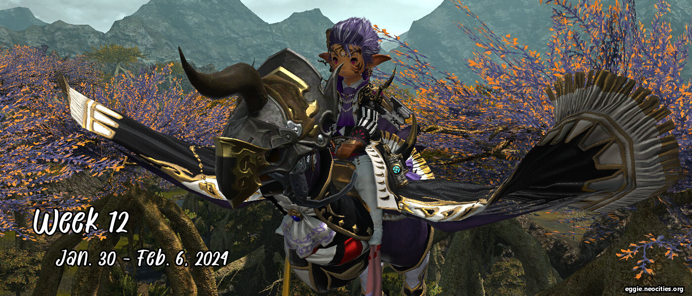 A screenshot of Jacks, a purple haired lalafell wearing the gambler's coat. She is riding on her purple chocobo through the dravanian forelands. The chocobo, named Ripper, is wearing the gambler's barding.