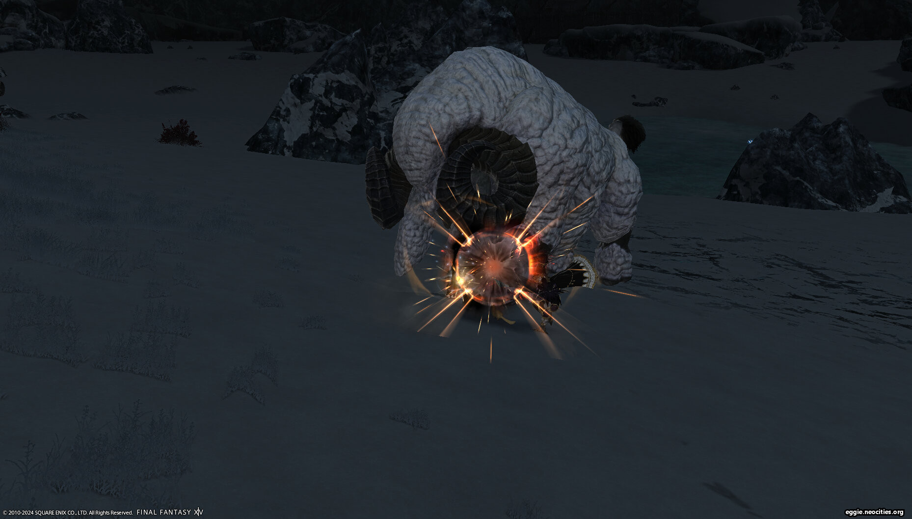 Jacks and Ripper fighting a Wooly Yak in Coerthas Central Highlands.