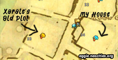 Crop of the shirogane map showing plots 35 and 36. 35 has an arrow with the text My house, and 36 has an arrow with the text Mikey's old plot