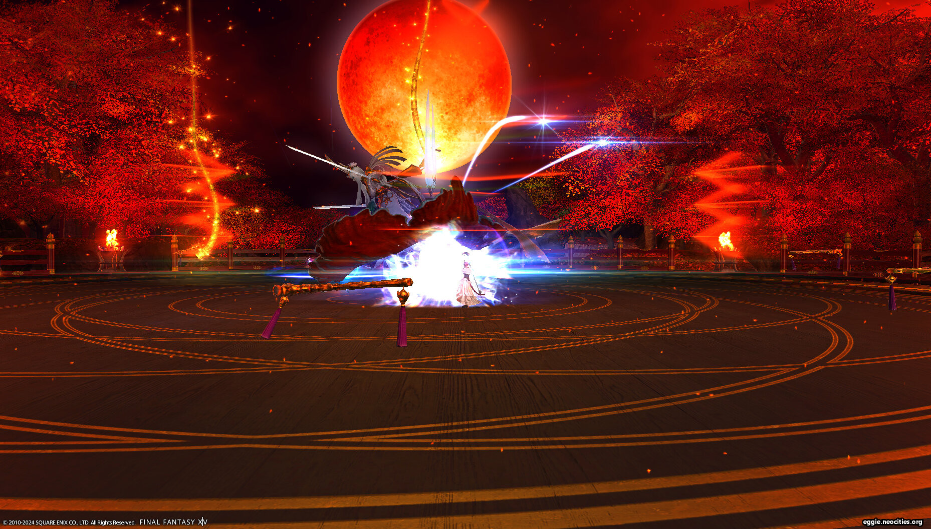 Naoh and Zel fighting Tsukuyomi. The red full moon is behind Tsukuyomi in this shot.