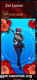 Zel's Blue Mage adventurer portrait. She is standing in the idle weapon drawn pose for blue mage, with a rose border and a blue background.