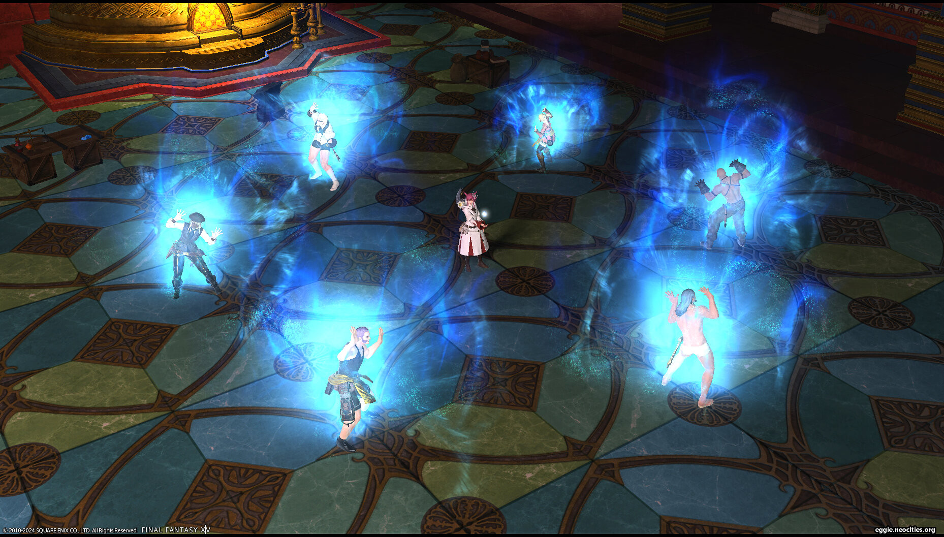 A scene from the Manderville relic quests finale. The NPCs involved are dancing the Manderville in a circle around Zel while they glow blue.