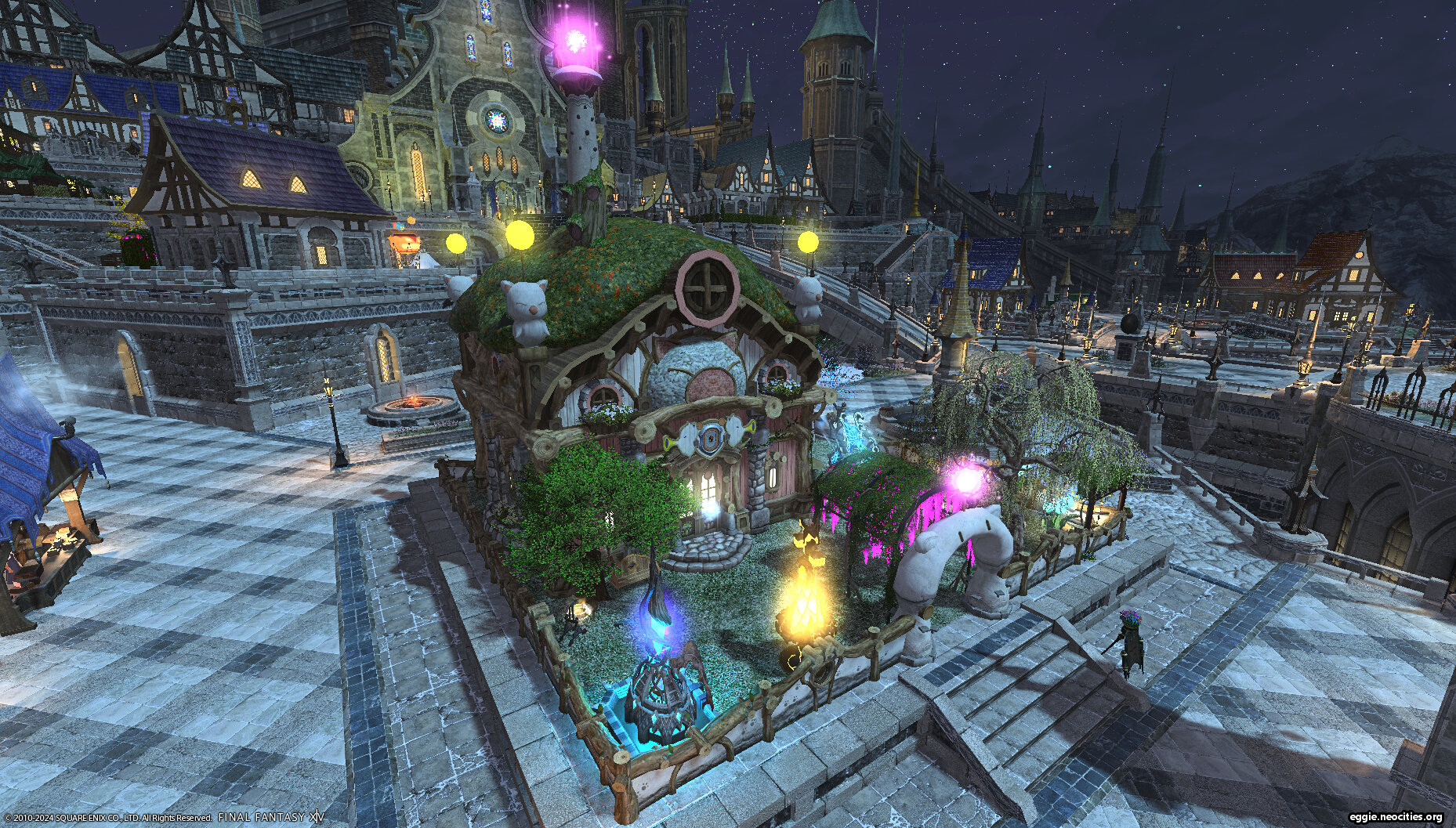 Zel's house, now in the Emperyum ward. The screencap is shot from above at an angle, showing off the Moogle exterior and a few of the outdoor furnishings.