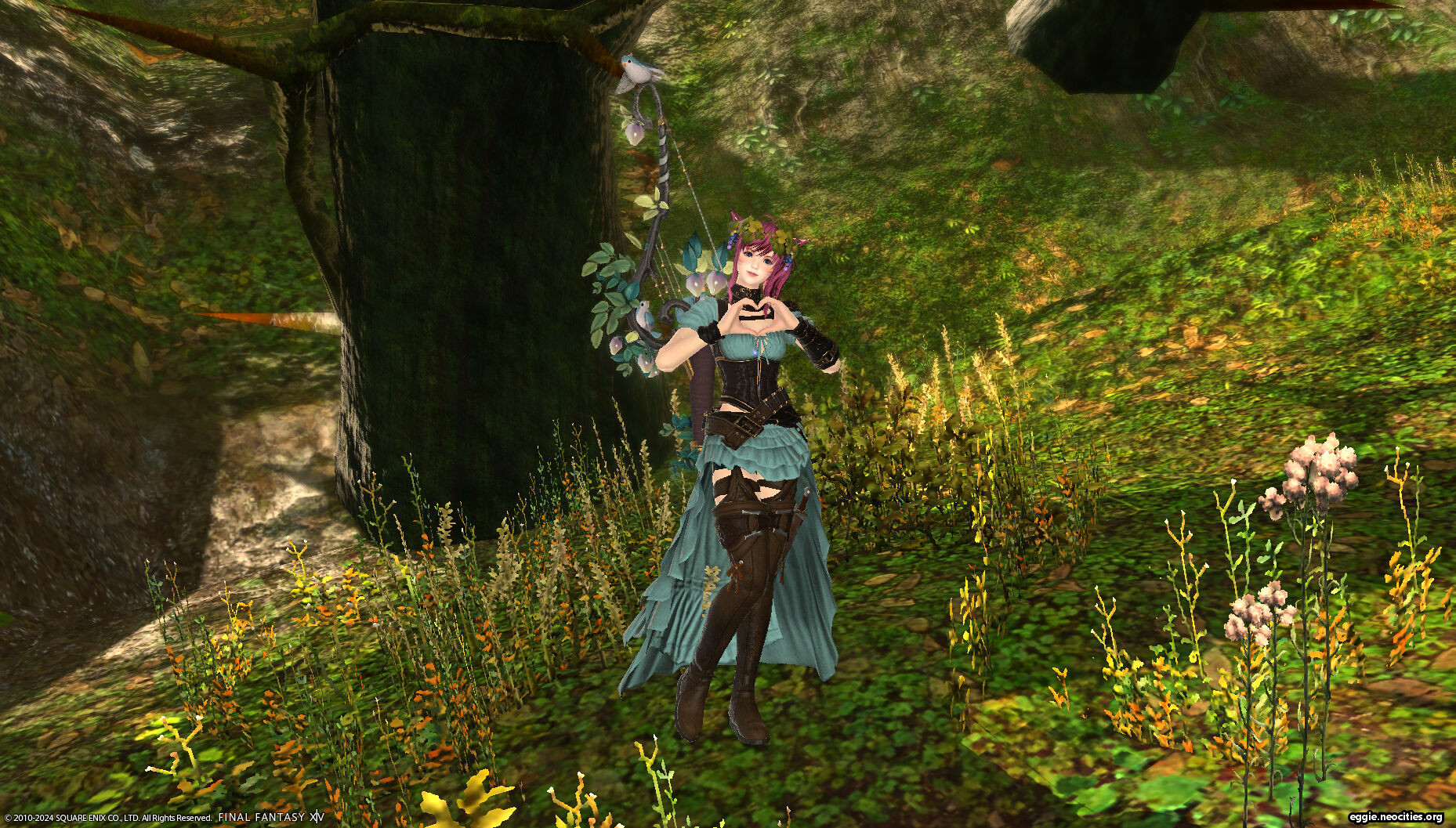 Zel posing with her glam consisting of a Celest Green Neo Ishgardian aiming top, sharlayan diadema, Bluebird's nest bow, expeditioners pantalettes and expeditioner's thighboots