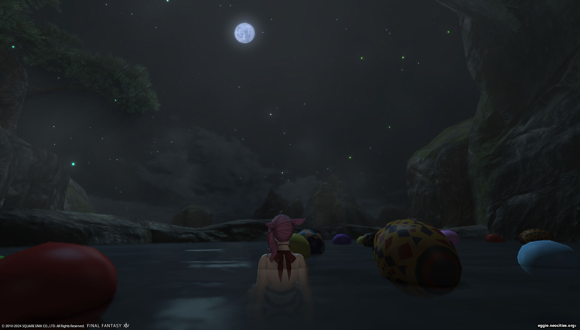 Zel sitting in the hidden hotsprings in Shirogane. There are several hatchingtide eggs scattered on the surface of the water.