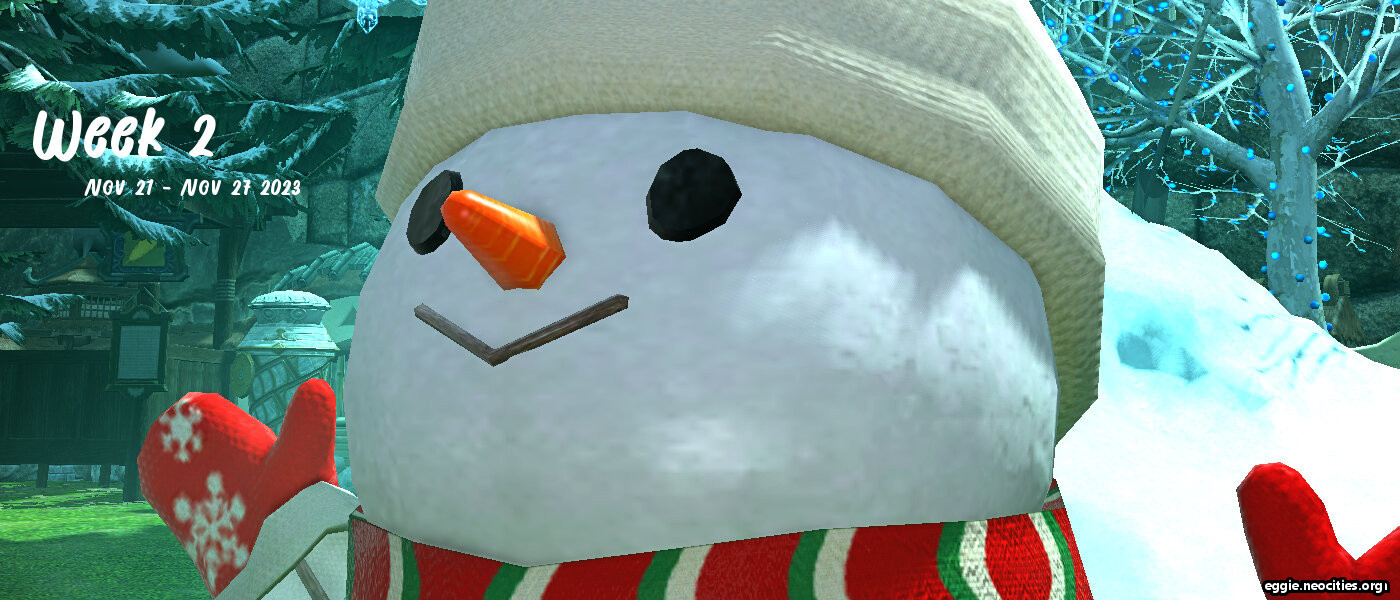 Screenshot from FFXIV featuring the snowman mount.