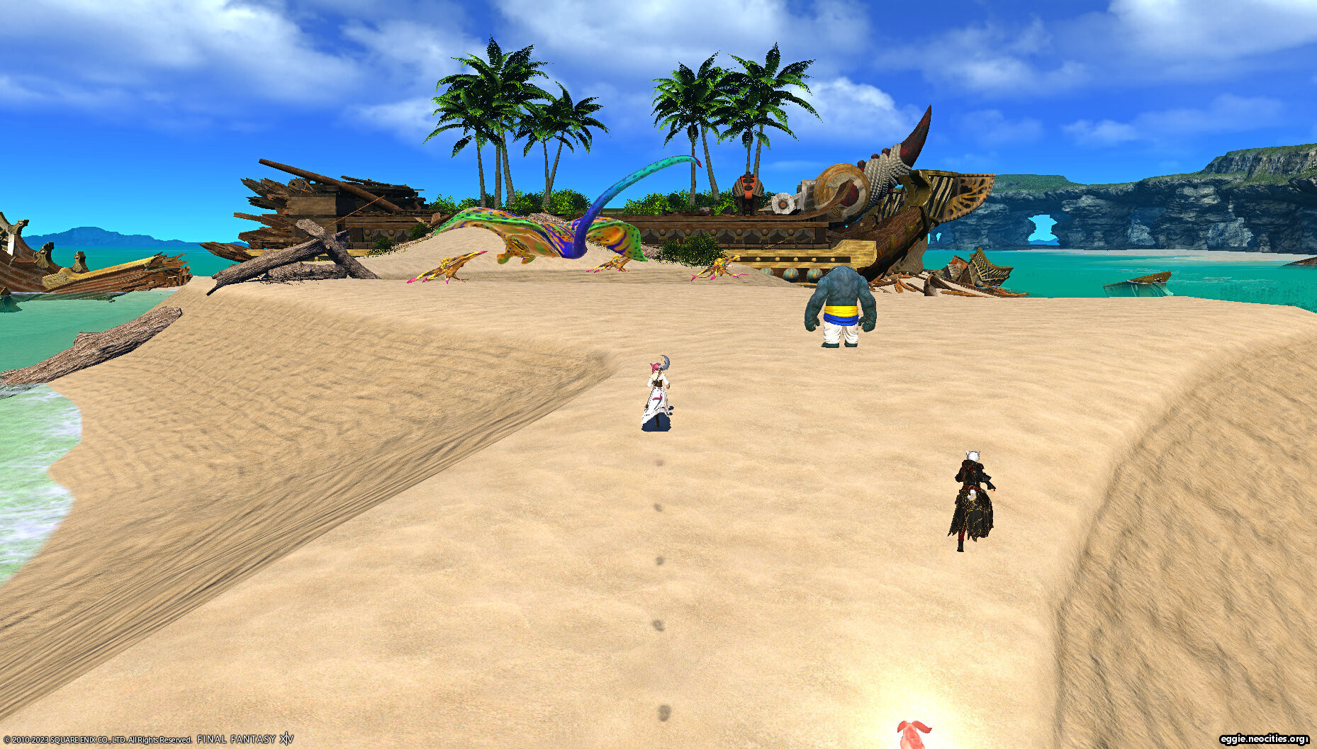 Aloalo dungeon, Zel running on the beach behind Matsya, with Xarale behind her to the right/