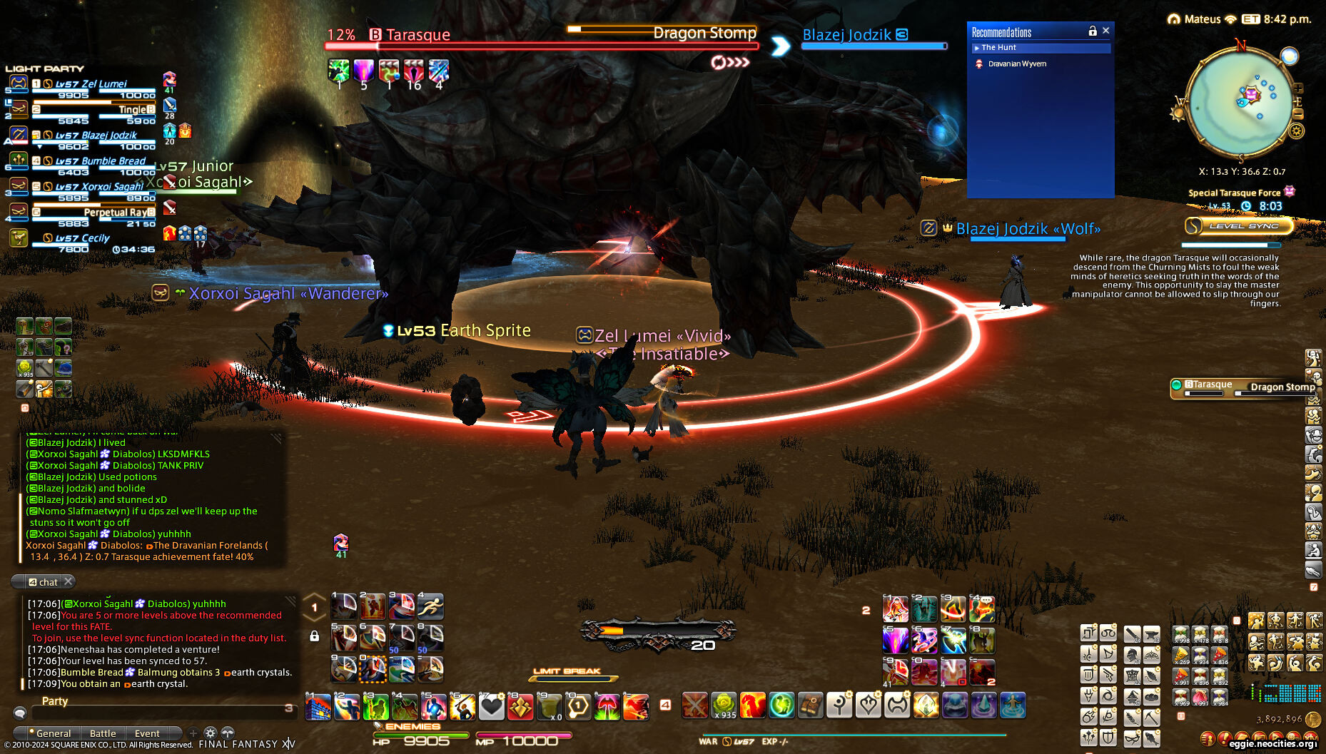 A battle screenshot of Zel with Cecily and a party of strangers fighting Tarasque. The whole ground is marked with an AoE as it uses Dragon Stomp.