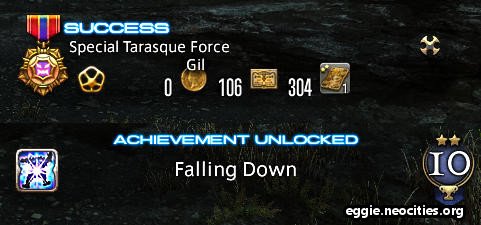 A cropped screenshot showing the Fate success dialogue box, along with the achievement notification. The achievement is called Falling Down.