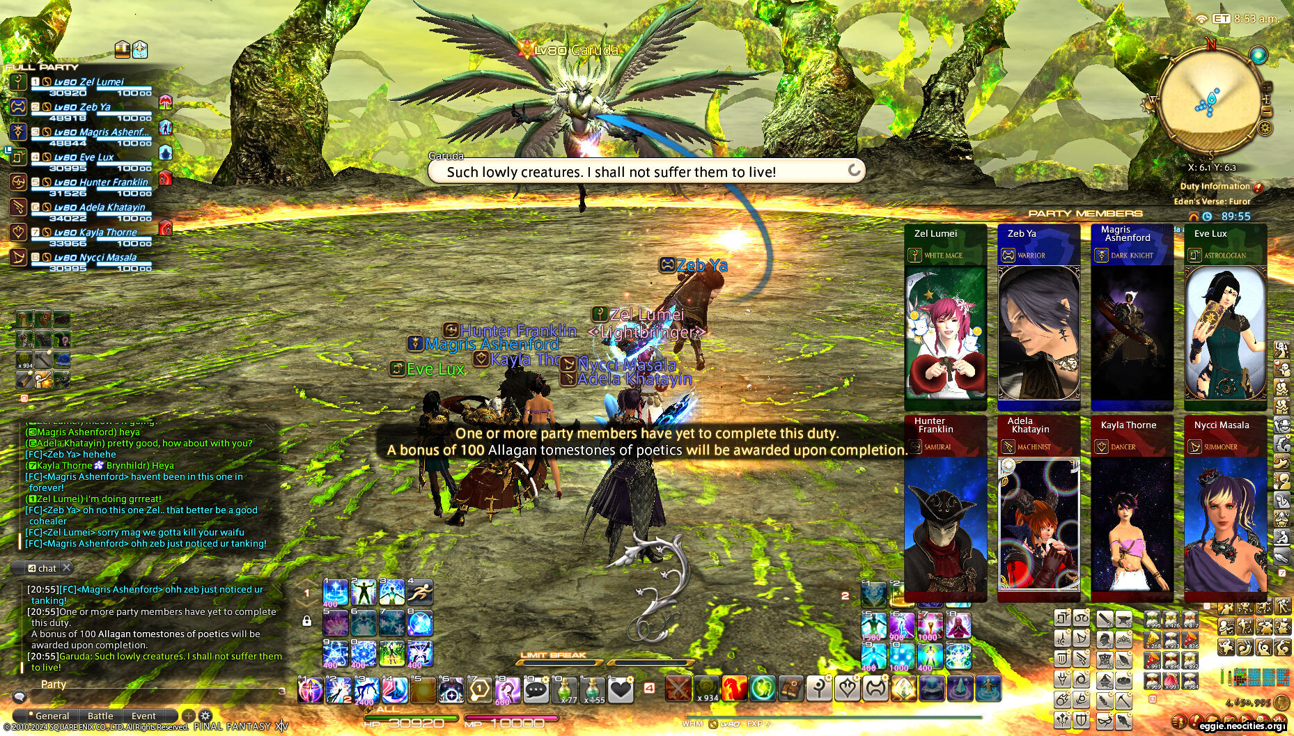 The party stands ready to take on Eden Garuda. Eggie's terrible UI is not hidden.