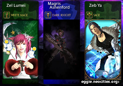 Dungeon portraits for Zel as a white mage, Magris as a Dark Knight, and Zeb as a Sage.