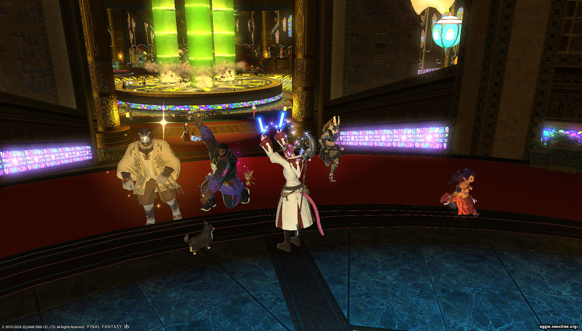 A hellsguard roegadyn using the Show Right emote on a hrothgar, covering him in sparkles. Zel is waving glowsticks at the hrothgar.