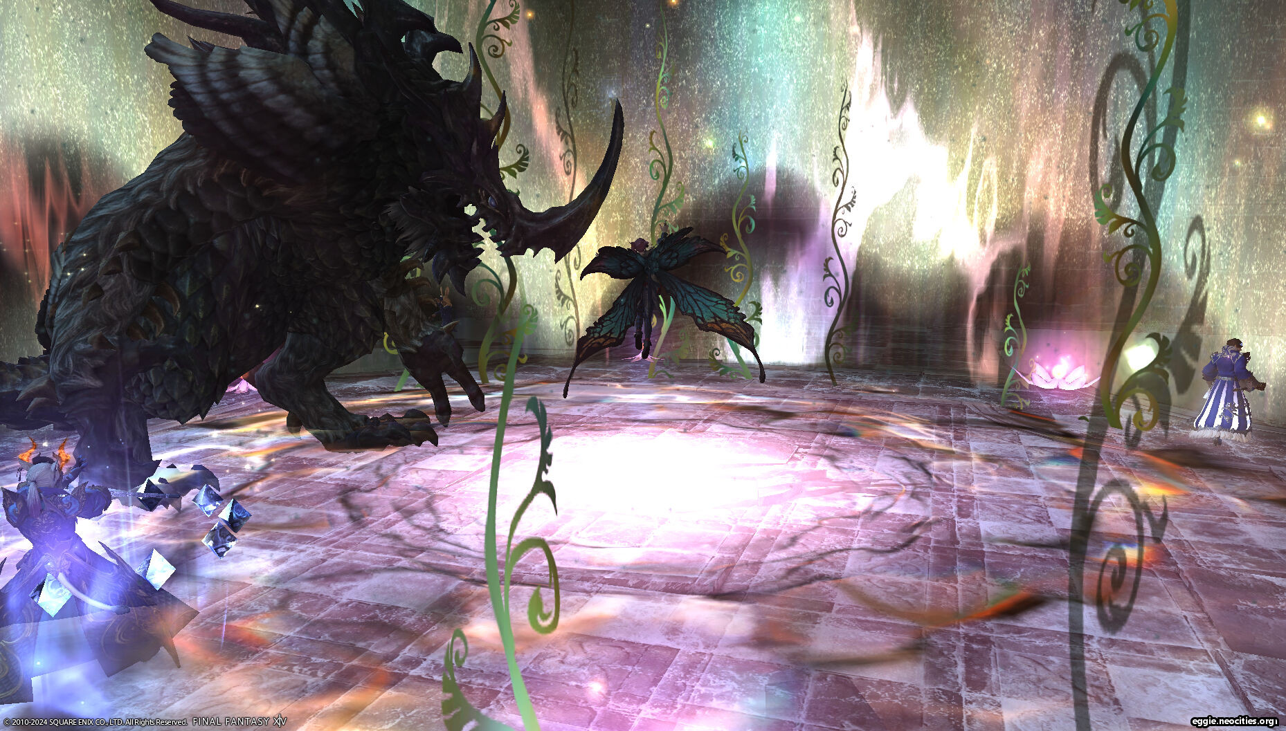 Giruveganaus fight from Stone Vigil Hard. Zel is using the spell Being Mortal which gives big pixie wings