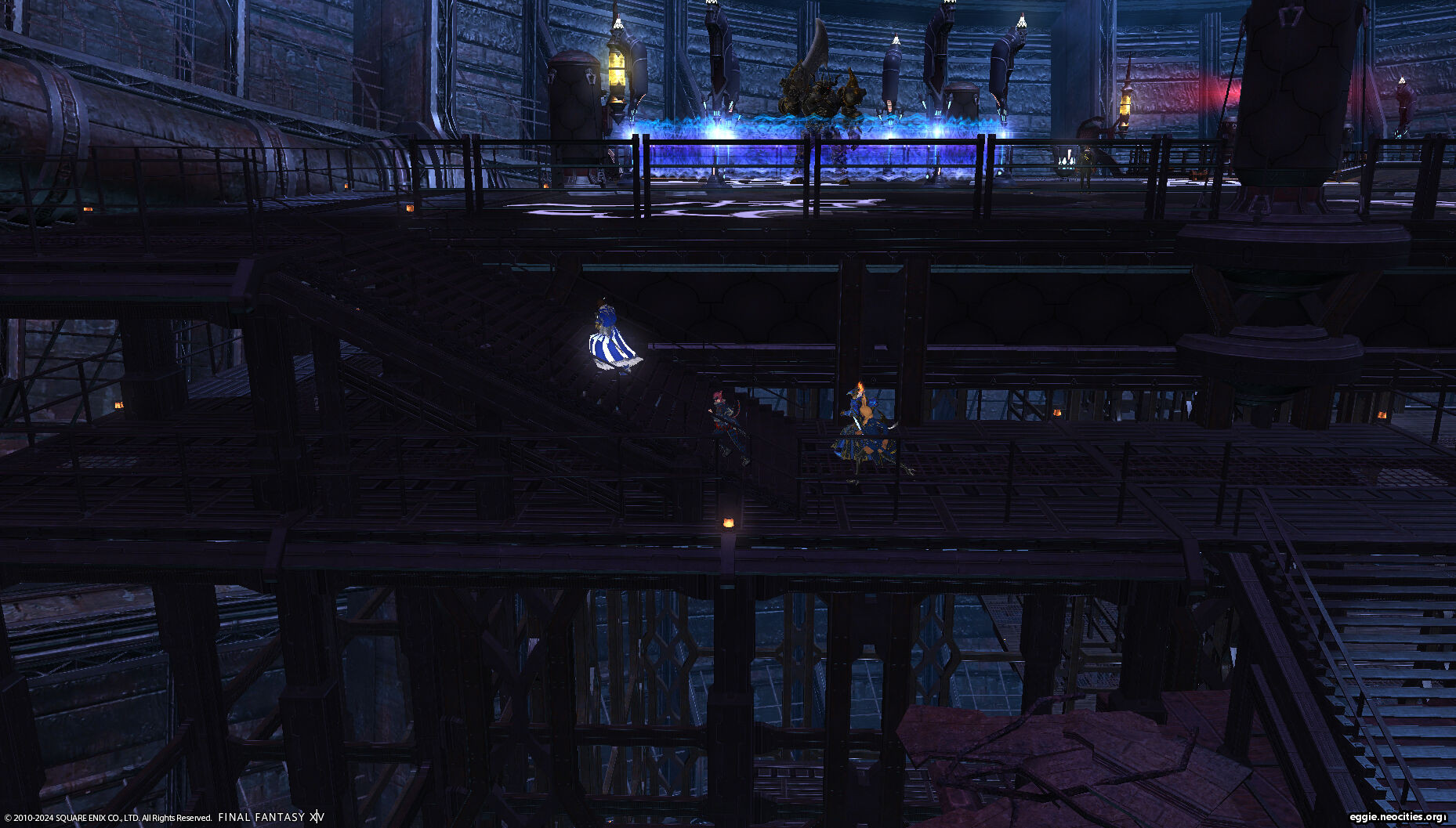 Party running up some stairs in the magitek portion of Keeper of the Lake