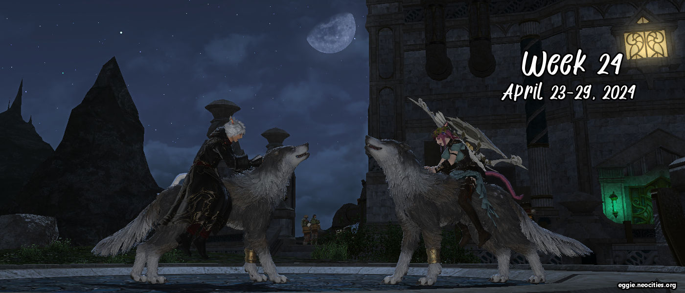 Xarale and Zel on their Torgal wolf mounts, both using the pet command so that the wolves are rearing their heads back. In the background you can clearly see the moon, which is positioned to be centered above them.