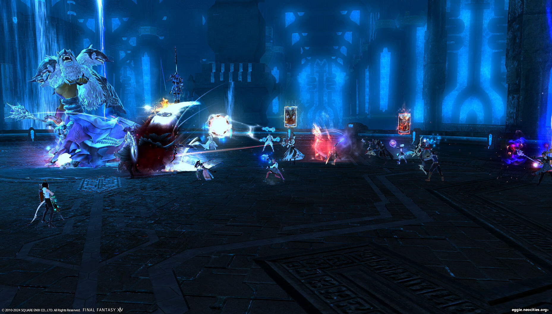 A zoomed out, low angle shot of the Scylla fight.