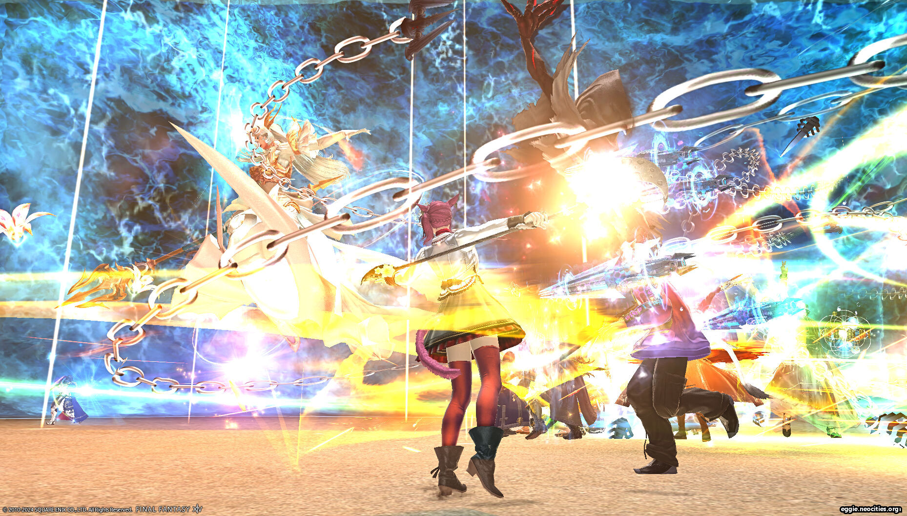 Zel during the Lymllaen fight. There are chains going across the screen from player attack animations.