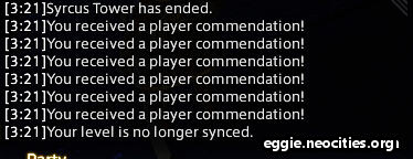 Chat log showing Syrcus Tower has ended, and the text You Recieved a Player Commendation repeated six times.