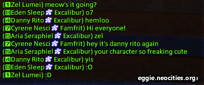 Chat log.
                                    Zel Lumei: Meow's it going?
									Eden Sleep: o7
									Danny Rito: hemloo
									Cyrene Nesci: Hi Everyone!
									Aria Seraphiel: Zel
									Cyrene Nesci: hey it's Danny Rito again
									Aria Seraphiel: your character is so freaking cute
									Danny Rito: yis
									Eden Sleep: :O
									Zel Lumei: :D