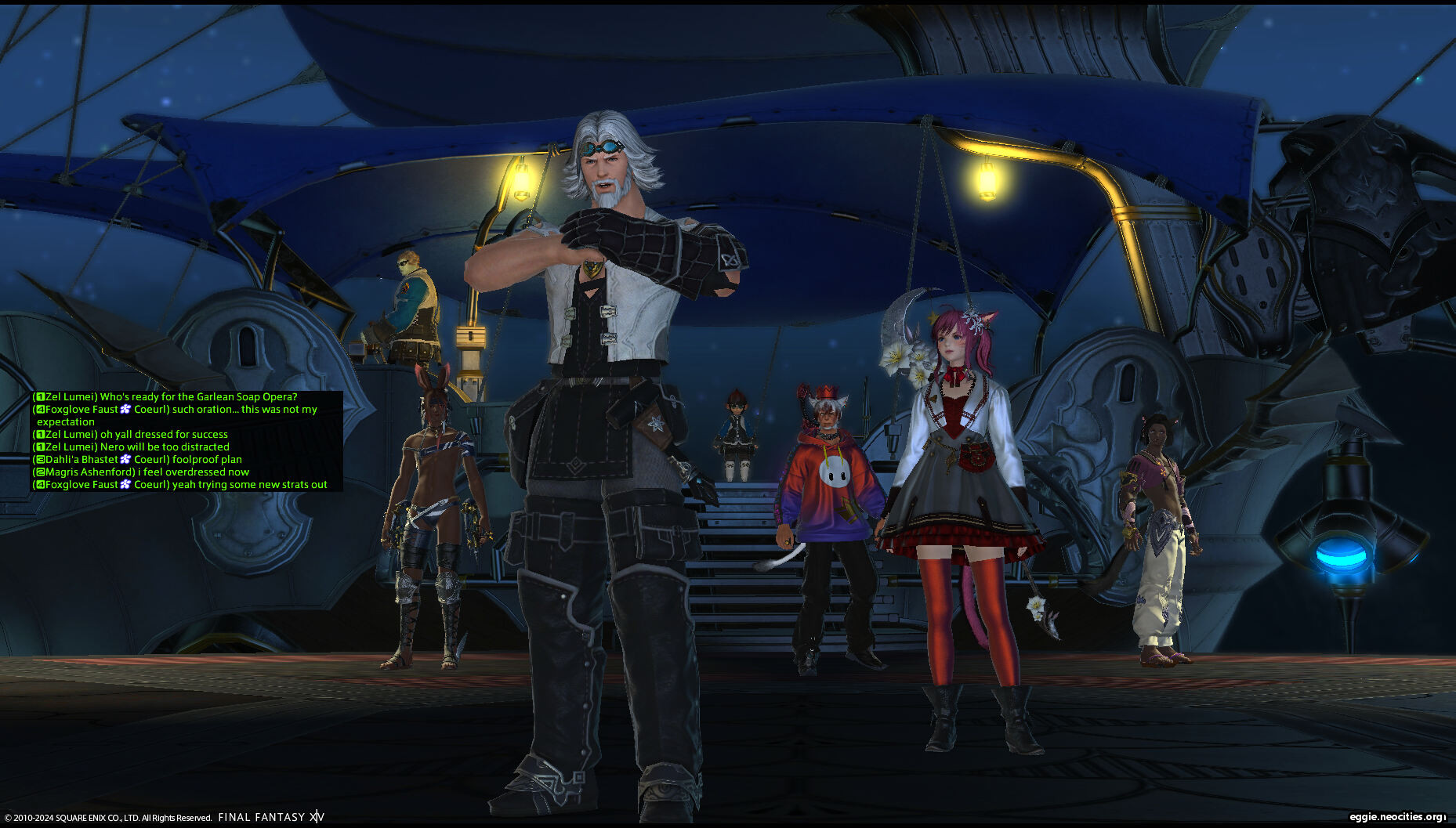 The opening cutscene for praetorium. The two PUGs are very scantily clad. There is a dialogue box overlaid
                                    Zel Lumei: Who's ready for the garlean soap opera?
									Foxglove Faust: such oration...this was not my expectation
									Zel Lumei: oh yall dressed for success. Nero will be too distracted.
									Dahli'a Bhastet: Foolproof plan.
									Magris Ashenford: i feel overdressed now.
									Foxglove Faust: Yeah trying some new strats out