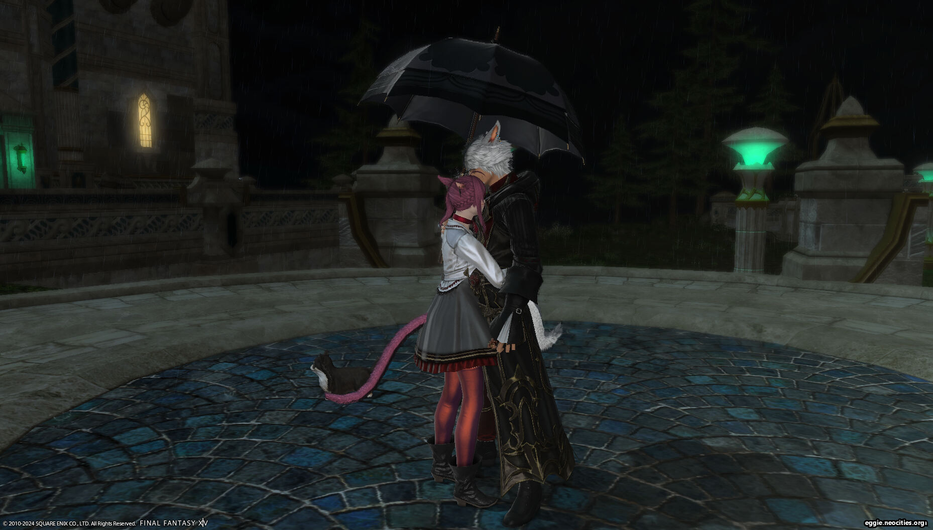 Zel hugging Xarale, who is holding a black umbrella. They are standing in Idyllshire