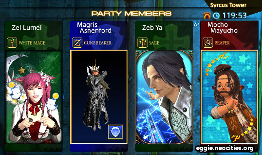 Vivid FC members adventure portraits, showing Zel as White mage, Magris as Gunbreaker, Zeb as Sage, and Mocho as Reaper.