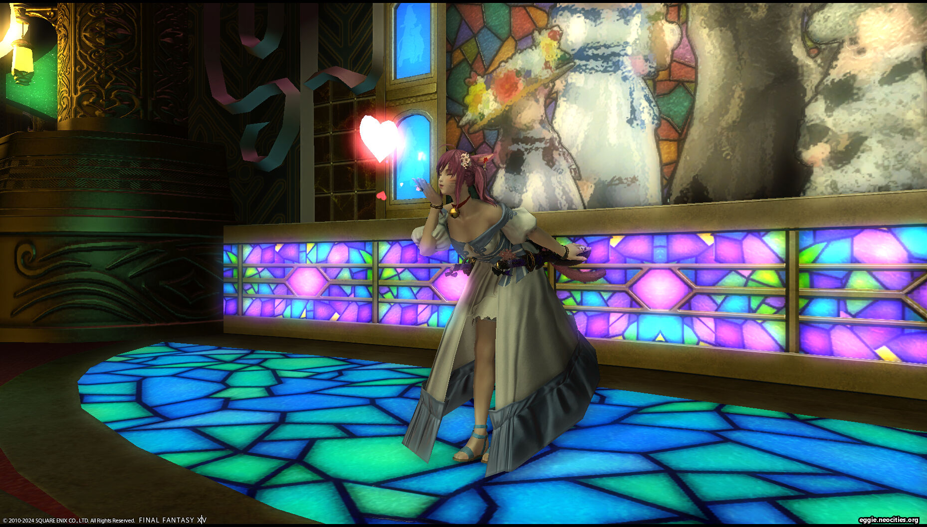 Zel in the spring dress with a cherry blossom corsage headpiece. She is doing the Dote emote