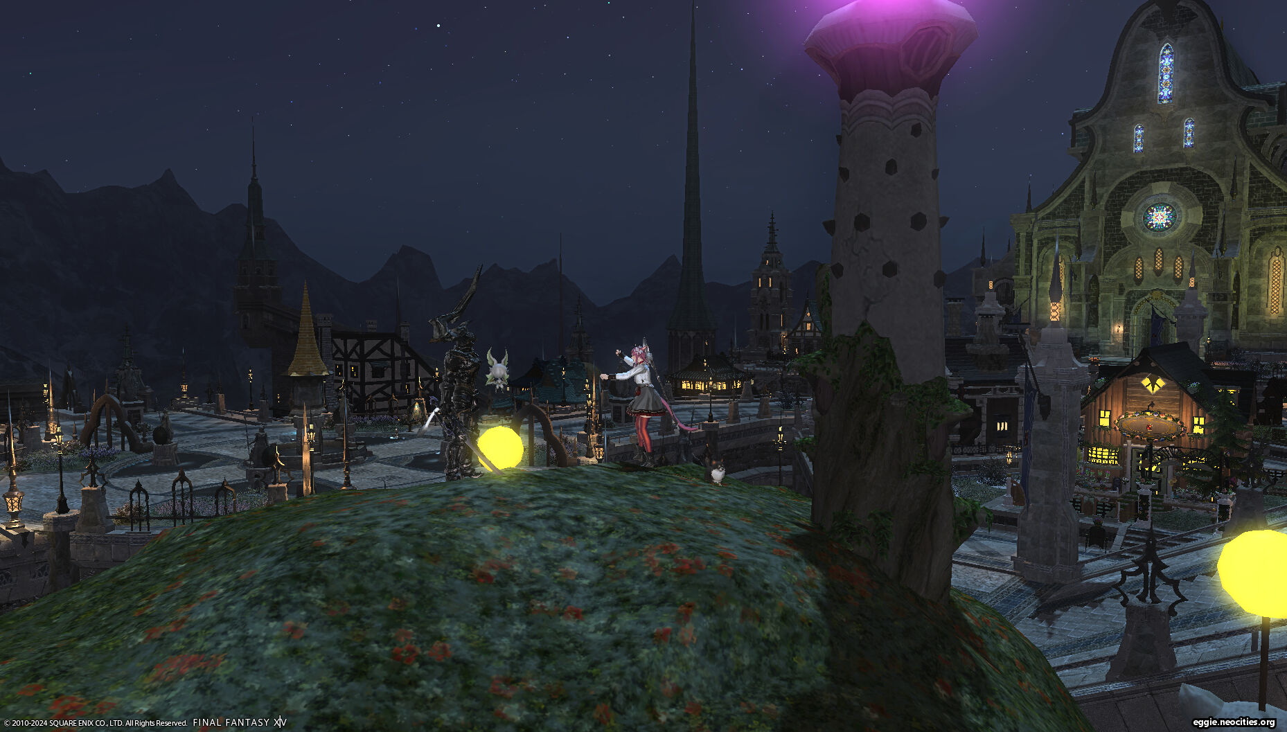 Zel and Mag on top of the roof of Zel's house in Empyreum. Zel is doing the moogle dance.