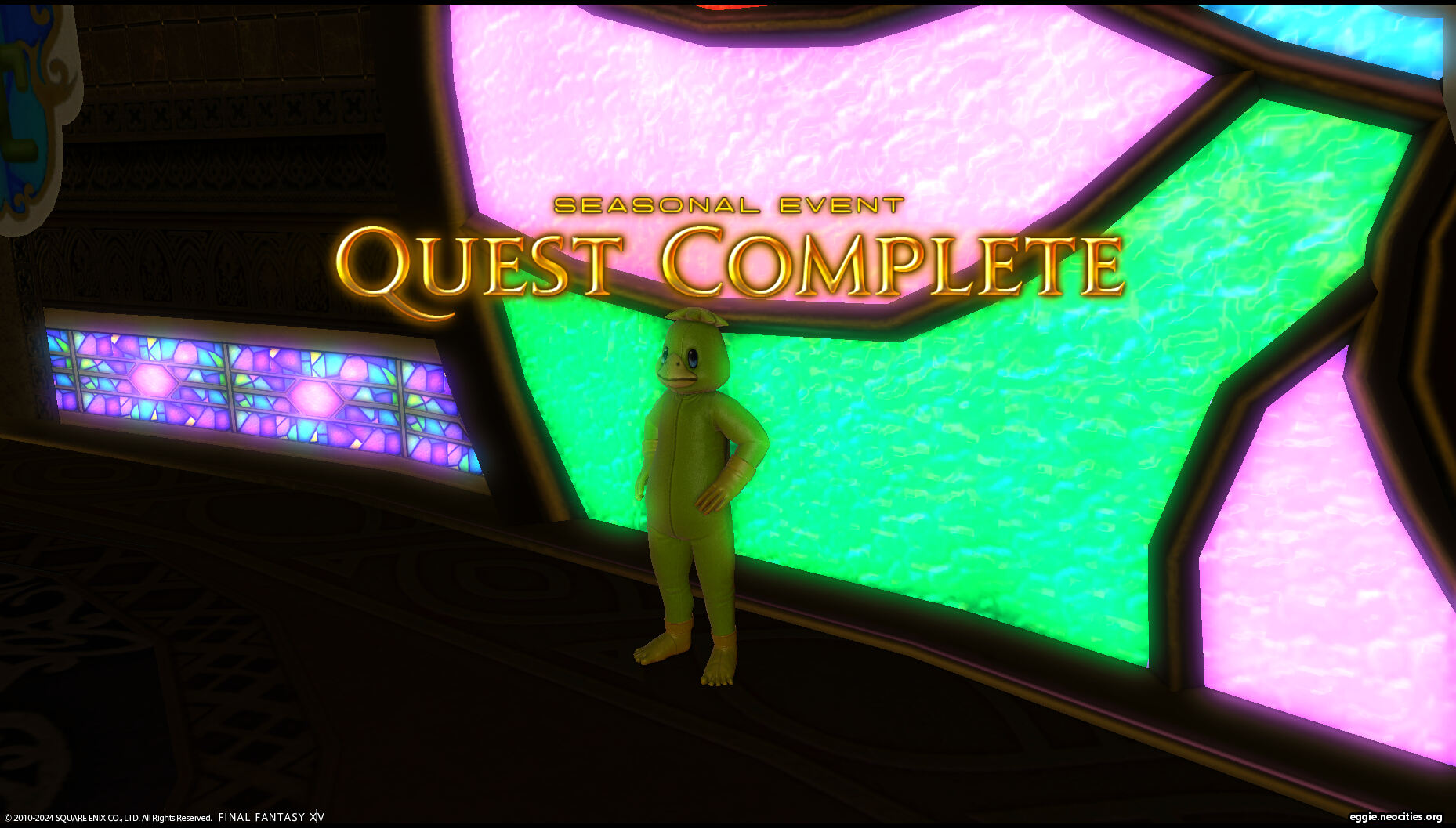 An NPC in the imp costume, with the words Seasonal Even Quest complete. The feet of the costume have individual toes. Creepy.