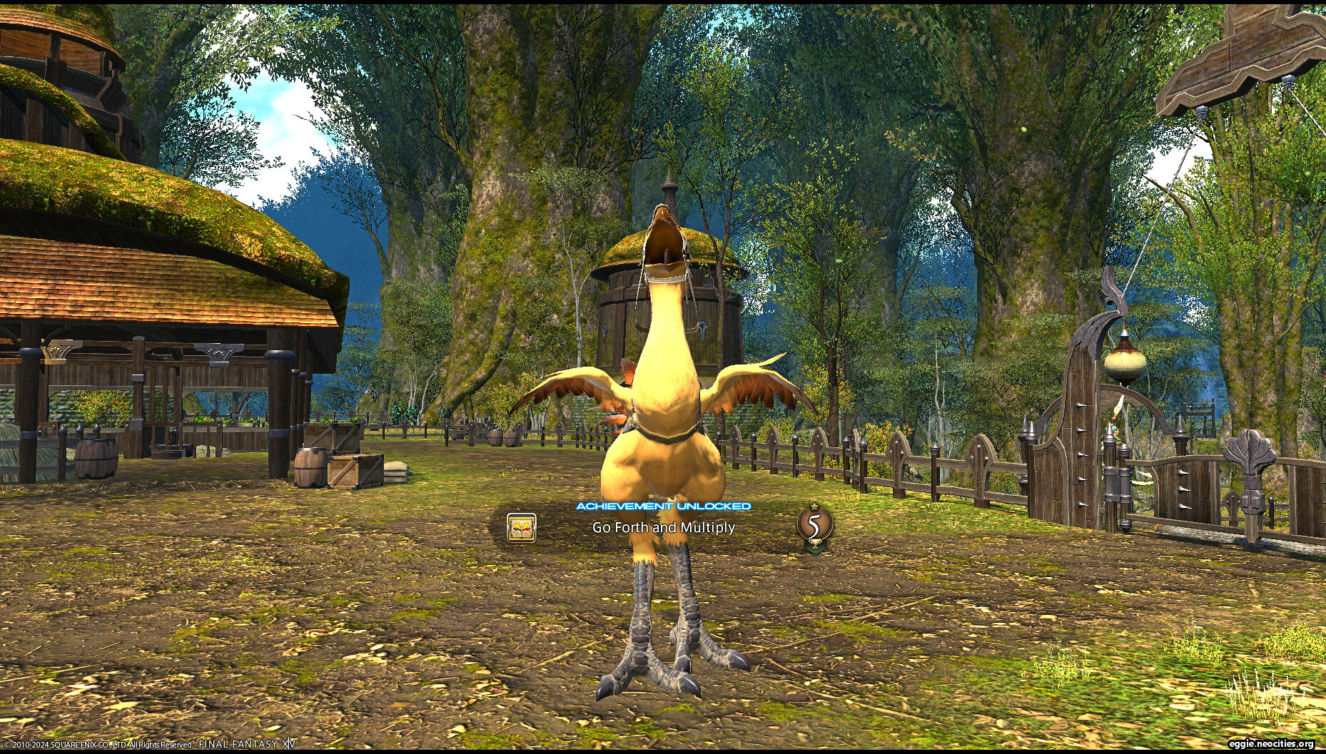 A yellow chocobo happily rearing back. Overlaid is the achievement unlocked text: Go Forth and Multiply.