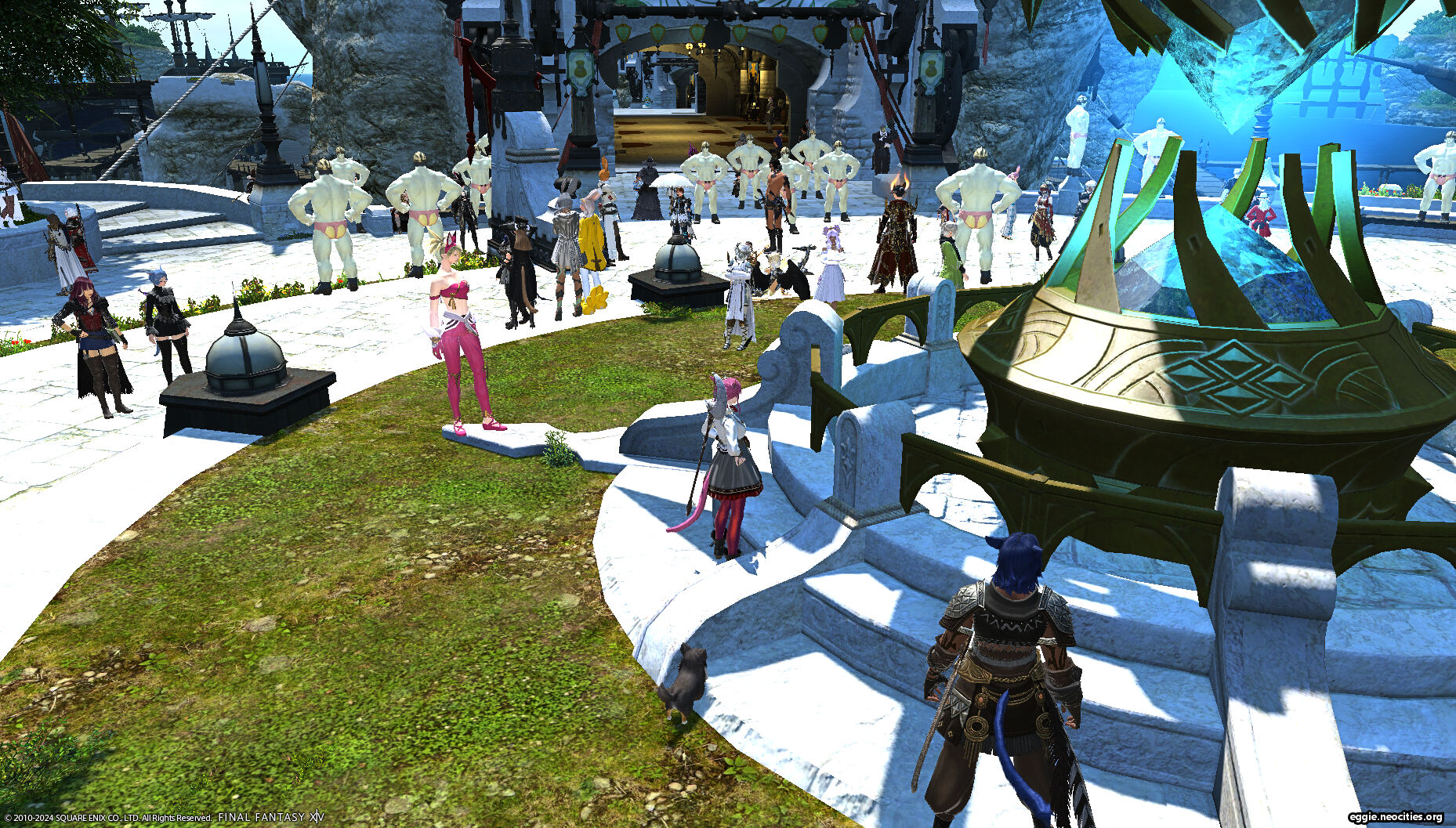 at the Limsa aetheryte, there are several pale green male Roegadyn, each only wearing a pink sibligar and a helm.