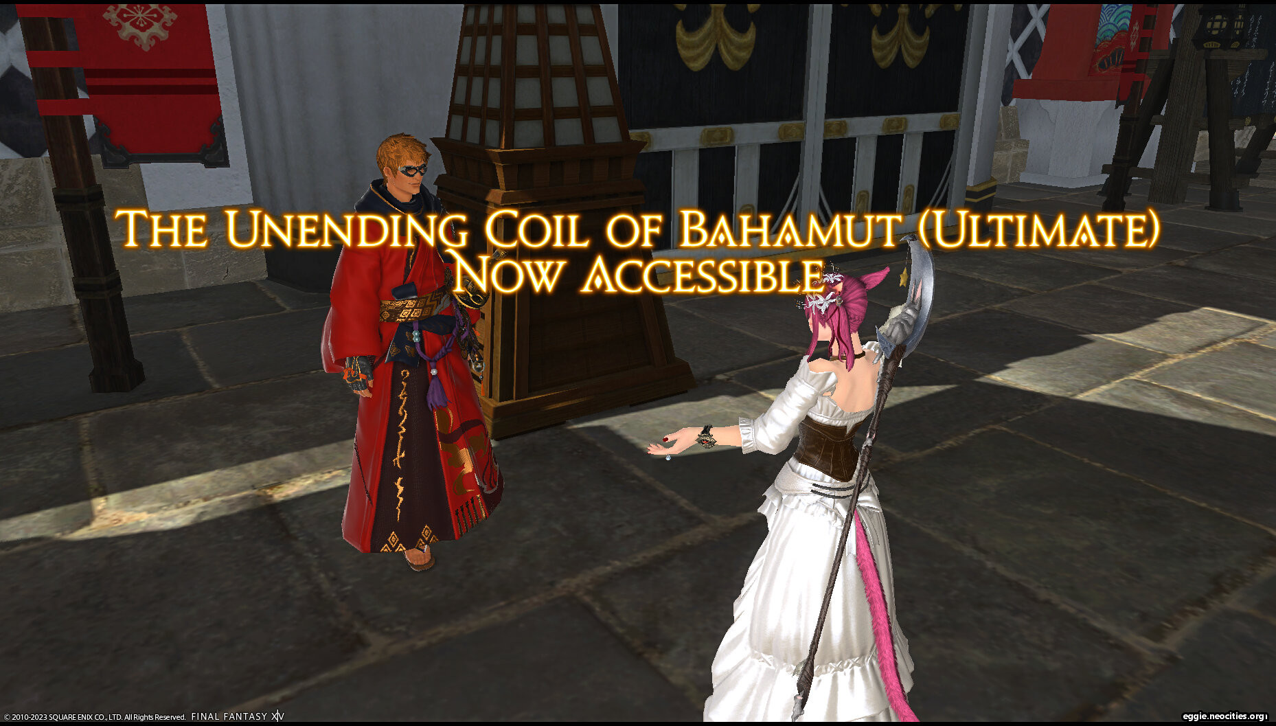Zel talking to the Wandering Minstrel. There is text on screen that reads The Unending Coil of Bahamut (Ultimate) is now accessible.