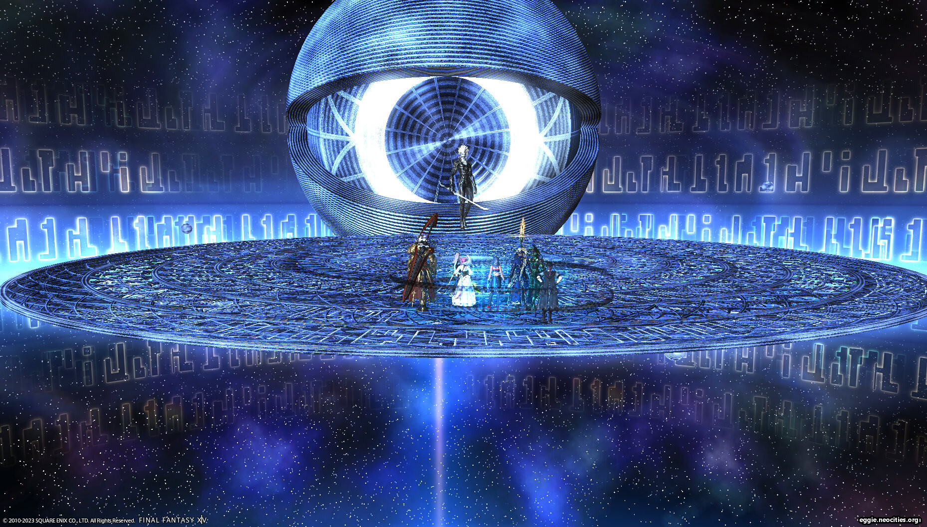 A party about to face off against Omega-M with a giant Eye in the background. It's a visual pun.