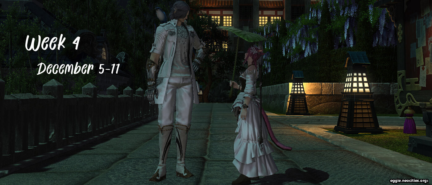 Screenshot from FFXIV. Zeb and Zel are standing facing each other. Zel is holding a leaf umbrella over her head.